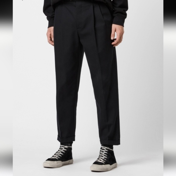 AllSaints Men's Black Tallis Crop Pleated Trousers - Size 32 - Picture 2 of 8